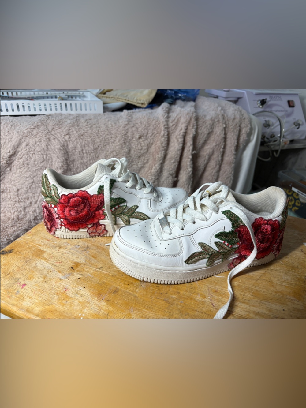 Nike White Sneakers with Red Rose Embroidery Air Force one
